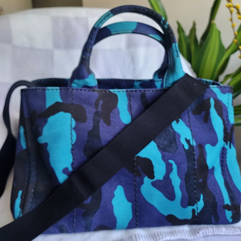 Authentic Prada Canapa Blue Camouflage Tote Bag